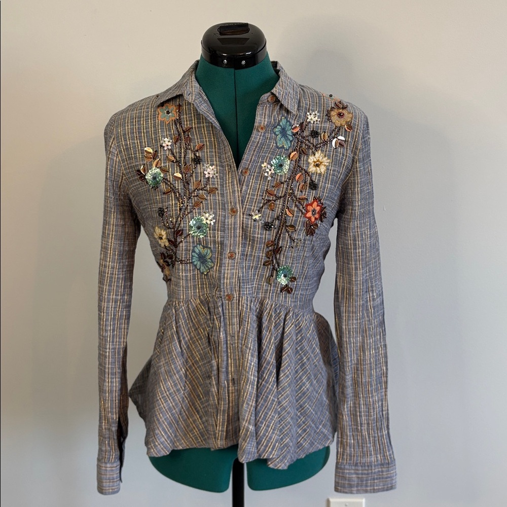 ANTHROPOLOGIE HD IN PARIS Embroidered Plaid Button-Up Peplum Women’s Blouse